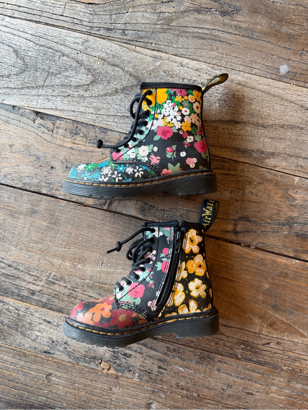 Dr. Martens Toddler Black Floral Lace-Up Boots with Multicolor Flowers